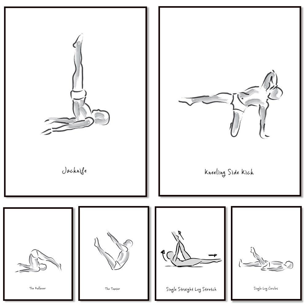 Pilates Yoga Combined - Pilates-oefeningen in zwart-wit infographics, Joseph Pilates